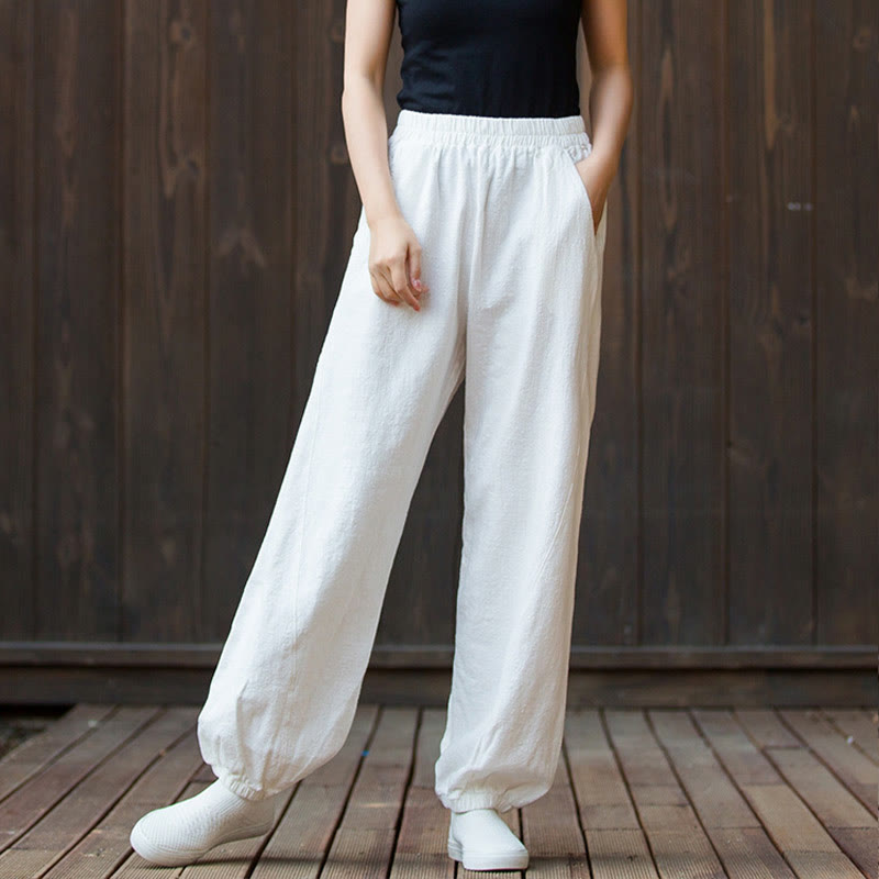 Pantalon décontracté uni en coton ramie avec poches pour femme, couleur unie, taille élastique, motif Buddha Stones - image 11