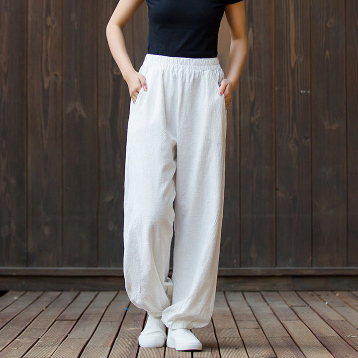 Pantalon décontracté uni en coton ramie avec poches pour femme, couleur unie, taille élastique, motif Buddha Stones - image 8