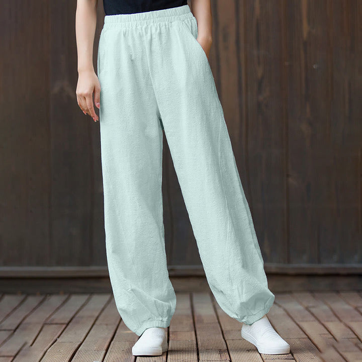 Pantalon décontracté uni en coton ramie avec poches pour femme, couleur unie, taille élastique, motif Buddha Stones - image 37