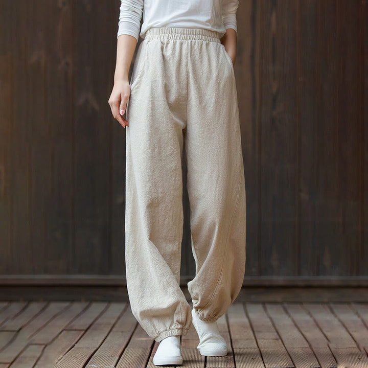 Pantalon décontracté uni en coton ramie avec poches pour femme, couleur unie, taille élastique, motif Buddha Stones - Beige - US4，UK/AU8，EU36 (L) - image 18