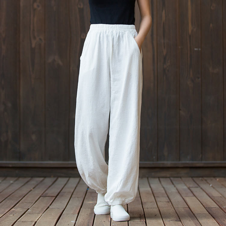Pantalon décontracté uni en coton ramie avec poches pour femme, couleur unie, taille élastique, motif Buddha Stones - Blanc - US4，UK/AU8，EU36 (L) - image 7
