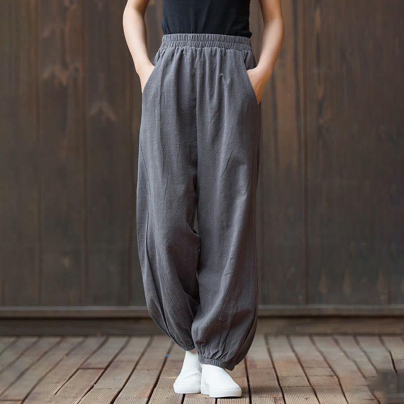 Pantalon décontracté uni en coton ramie avec poches pour femme, couleur unie, taille élastique, motif Buddha Stones - image 31