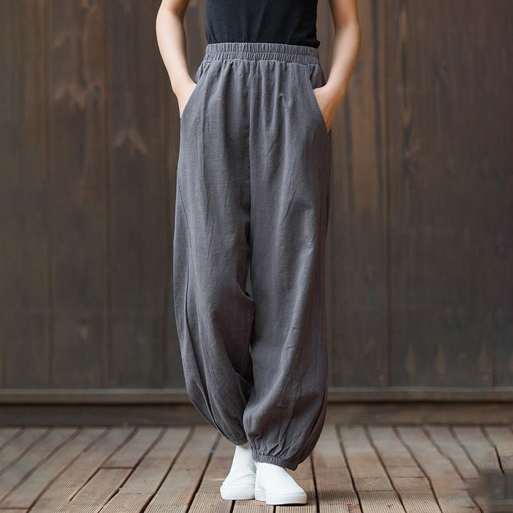 Pantalon décontracté uni en coton ramie avec poches pour femme, couleur unie, taille élastique, motif Buddha Stones - image 31