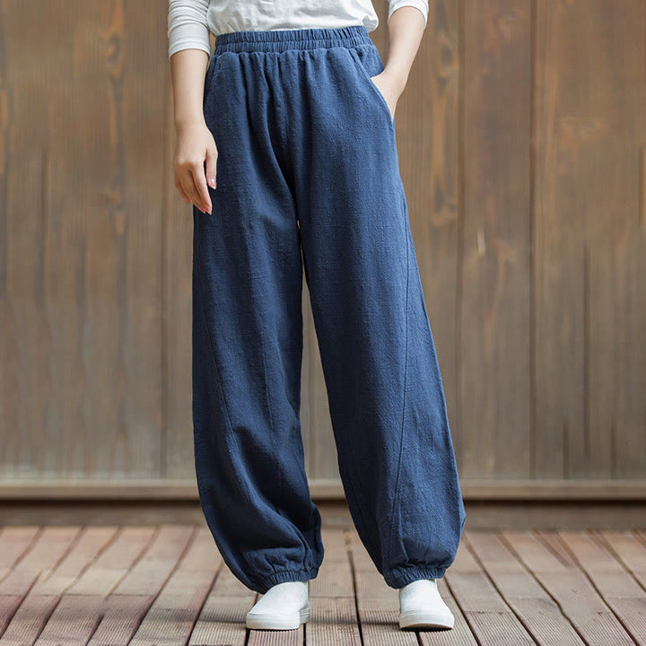 Pantalon décontracté uni en coton ramie avec poches pour femme, couleur unie, taille élastique, motif Buddha Stones - image 39