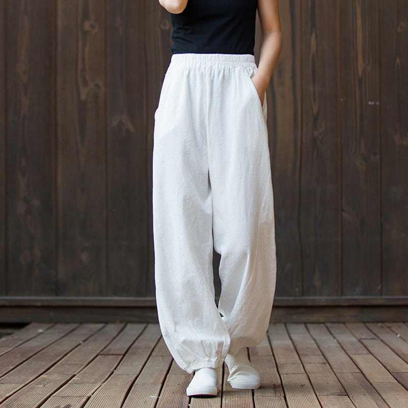Pantalon décontracté uni en coton ramie avec poches pour femme, couleur unie, taille élastique, motif Buddha Stones - image 10