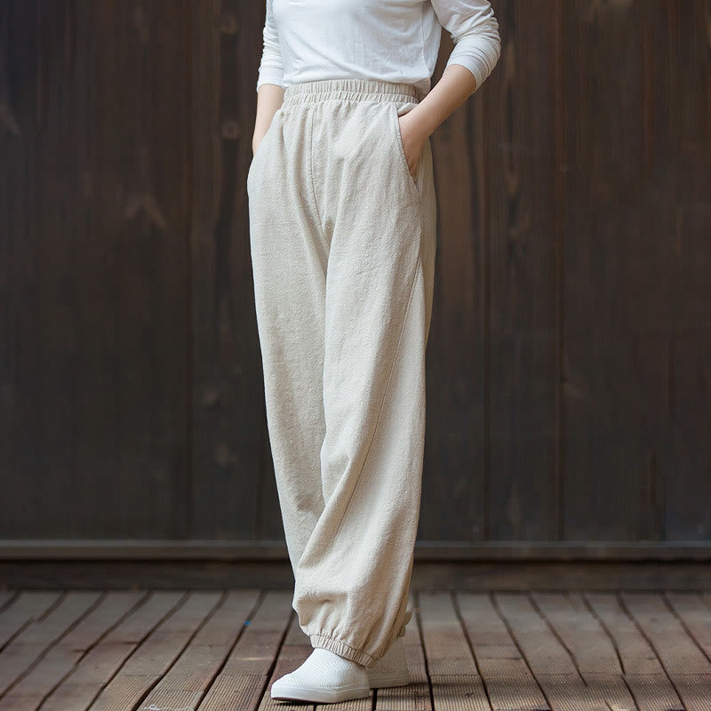 Pantalon décontracté uni en coton ramie avec poches pour femme, couleur unie, taille élastique, motif Buddha Stones - image 22