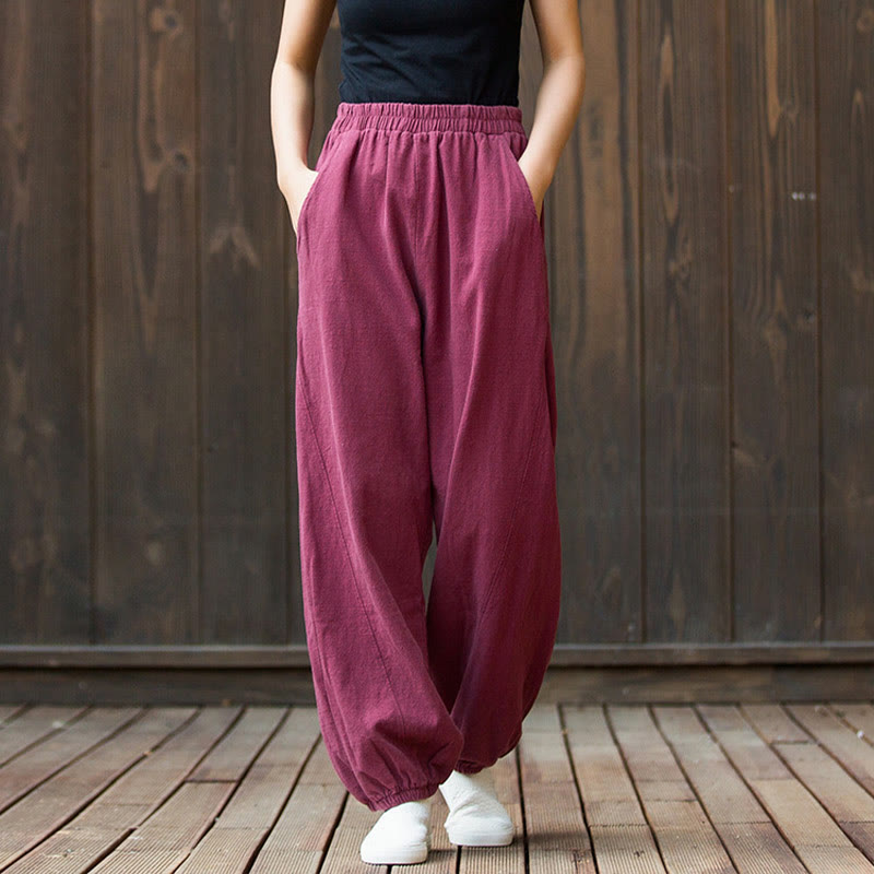 Pantalon décontracté uni en coton ramie avec poches pour femme, couleur unie, taille élastique, motif Buddha Stones - image 1