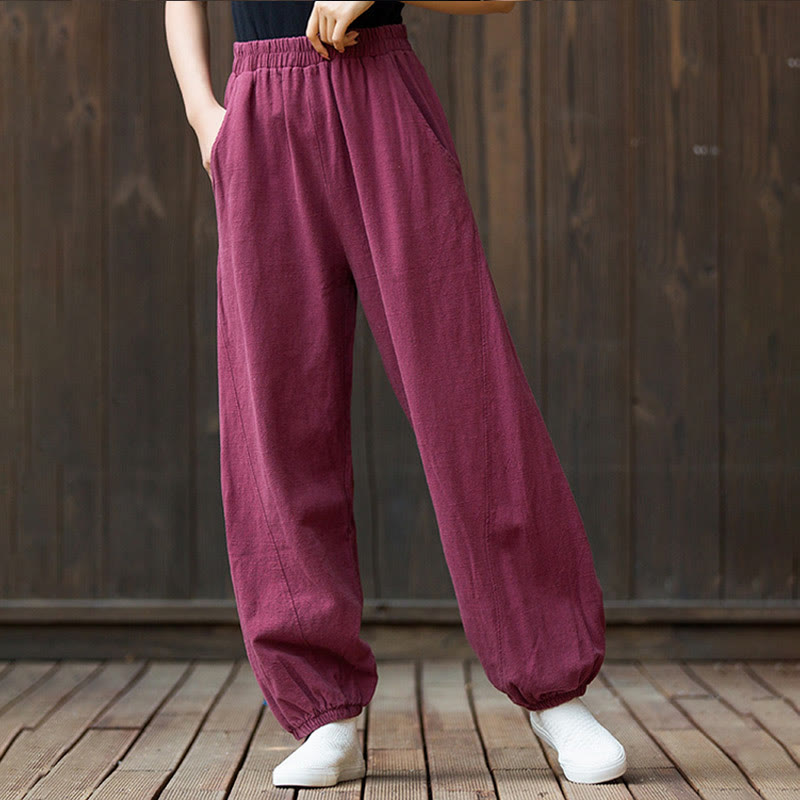 Pantalon décontracté uni en coton ramie avec poches pour femme, couleur unie, taille élastique, motif Buddha Stones - image 4