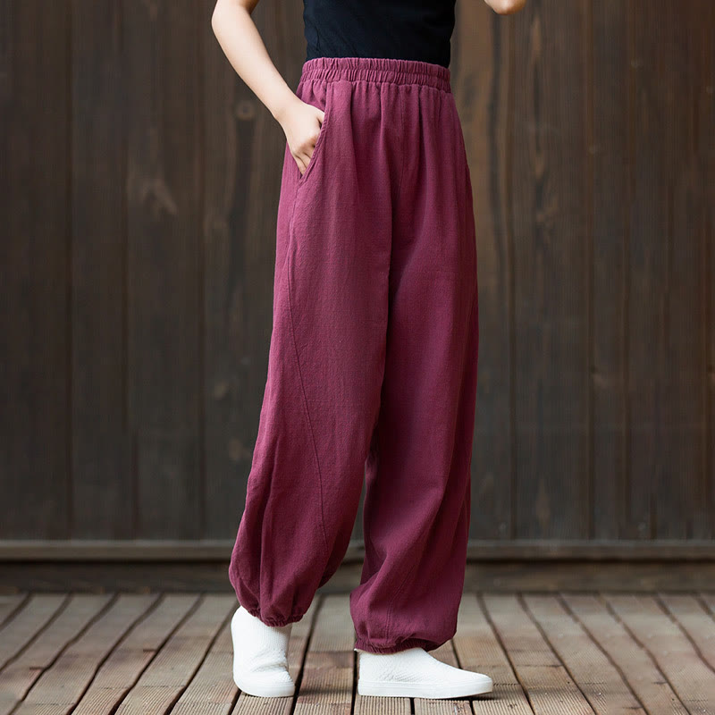 Pantalon décontracté uni en coton ramie avec poches pour femme, couleur unie, taille élastique, motif Buddha Stones - image 2