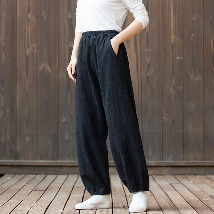 Pantalon décontracté uni en coton ramie avec poches pour femme, couleur unie, taille élastique, motif Buddha Stones - image 15