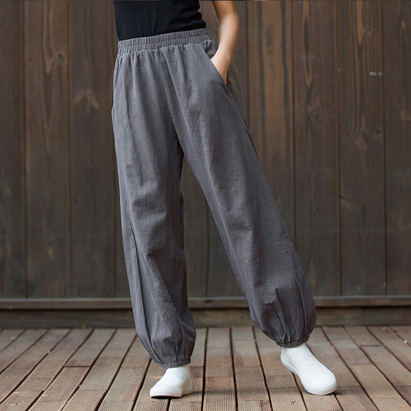 Pantalon décontracté uni en coton ramie avec poches pour femme, couleur unie, taille élastique, motif Buddha Stones - image 33