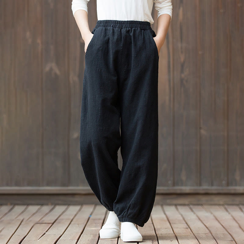 Pantalon décontracté uni en coton ramie avec poches pour femme, couleur unie, taille élastique, motif Buddha Stones - image 13