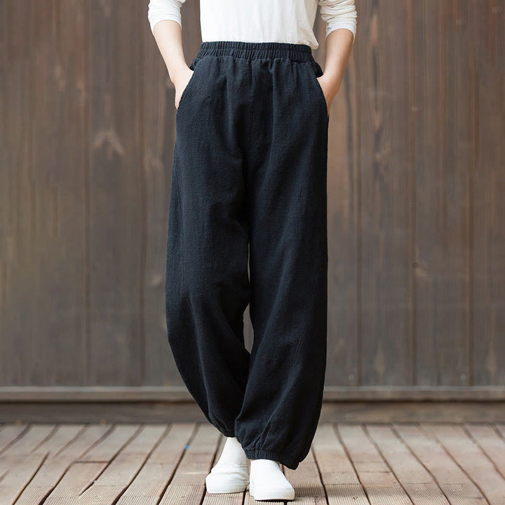 Pantalon décontracté uni en coton ramie avec poches pour femme, couleur unie, taille élastique, motif Buddha Stones - image 13