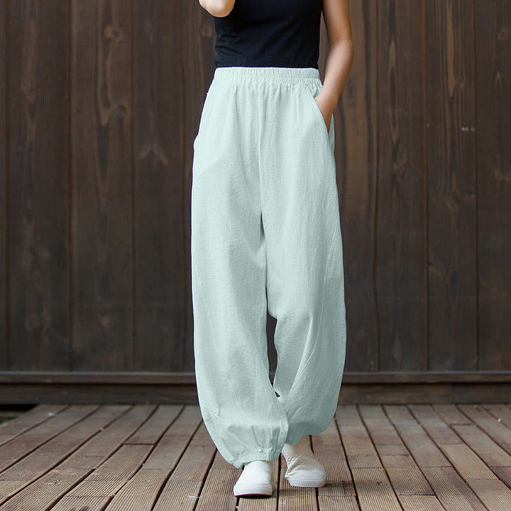 Pantalon décontracté uni en coton ramie avec poches pour femme, couleur unie, taille élastique, motif Buddha Stones - Bleu vert - US4，UK/AU8，EU36 (L) - image 34