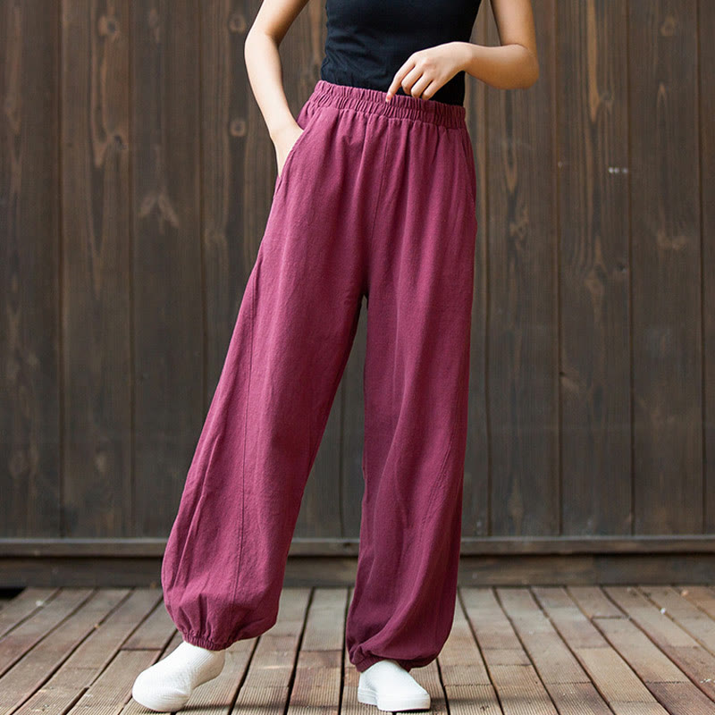 Pantalon décontracté uni en coton ramie avec poches pour femme, couleur unie, taille élastique, motif Buddha Stones - image 3