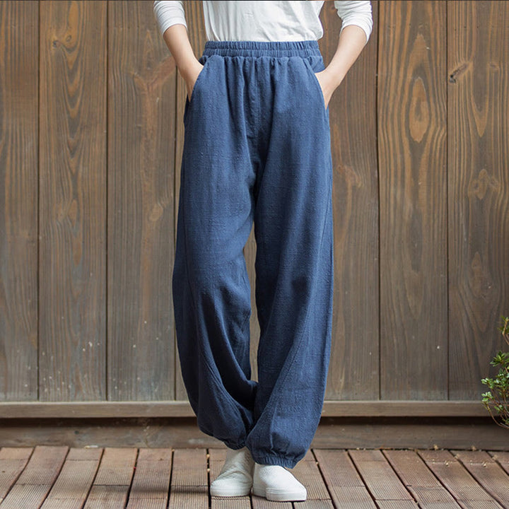 Pantalon décontracté uni en coton ramie avec poches pour femme, couleur unie, taille élastique, motif Buddha Stones - Bleu foncé - US4，UK/AU8，EU36 (L) - image 38