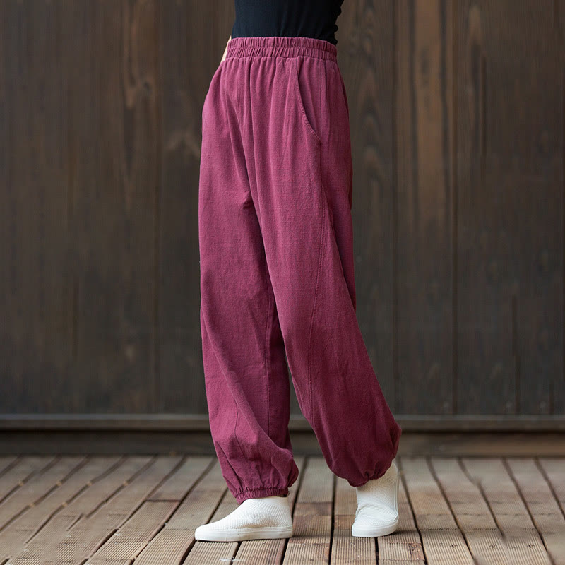 Pantalon décontracté uni en coton ramie avec poches pour femme, couleur unie, taille élastique, motif Buddha Stones - image 5