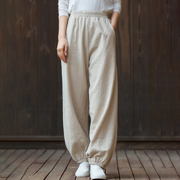 Pantalon décontracté uni en coton ramie avec poches pour femme, couleur unie, taille élastique, motif Buddha Stones - image 20