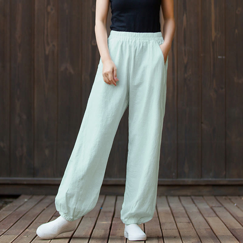 Pantalon décontracté uni en coton ramie avec poches pour femme, couleur unie, taille élastique, motif Buddha Stones - image 36