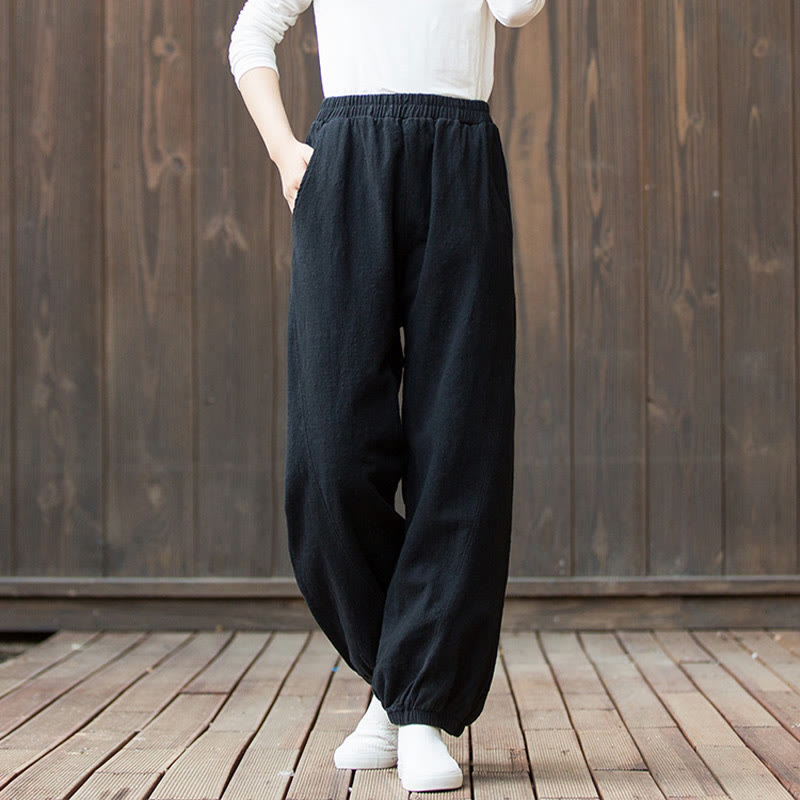 Pantalon décontracté uni en coton ramie avec poches pour femme, couleur unie, taille élastique, motif Buddha Stones - image 15