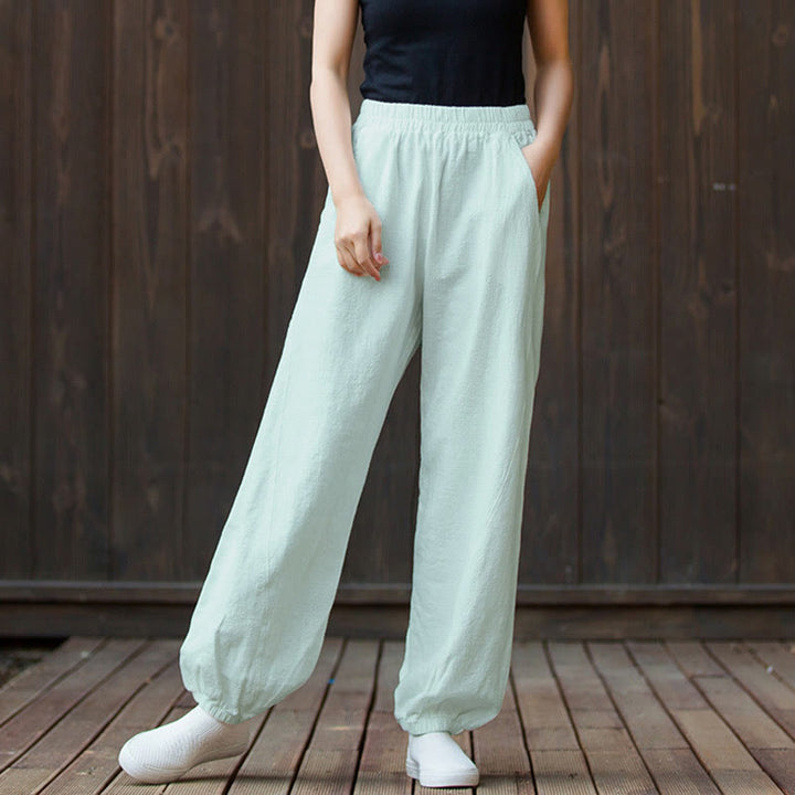 Pantalon décontracté uni en coton ramie avec poches pour femme, couleur unie, taille élastique, motif Buddha Stones - image 35