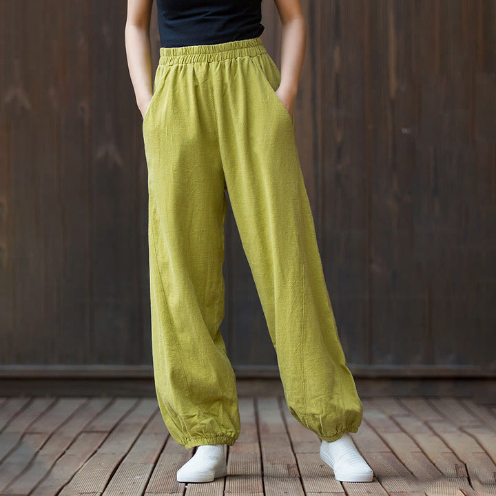 Pantalon décontracté uni en coton ramie avec poches pour femme, couleur unie, taille élastique, motif Buddha Stones - image 27
