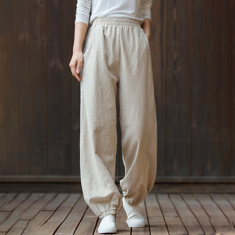 Pantalon décontracté uni en coton ramie avec poches pour femme, couleur unie, taille élastique, motif Buddha Stones - Beige - US4，UK/AU8，EU36 (L) - image 19