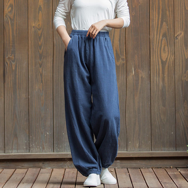 Pantalon décontracté uni en coton ramie avec poches pour femme, couleur unie, taille élastique, motif Buddha Stones - image 40