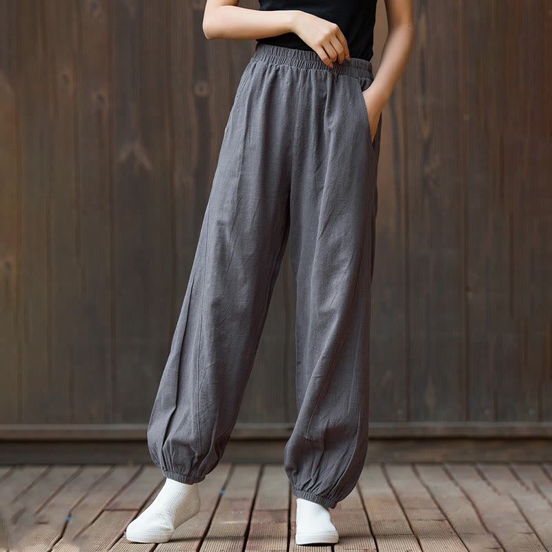 Pantalon décontracté uni en coton ramie avec poches pour femme, couleur unie, taille élastique, motif Buddha Stones - image 32