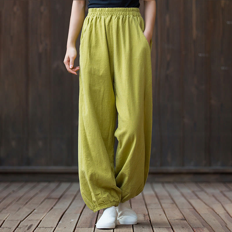 Pantalon décontracté uni en coton ramie avec poches pour femme, couleur unie, taille élastique, motif Buddha Stones - VertJaune - US4，UK/AU8，EU36 (L) - image 25