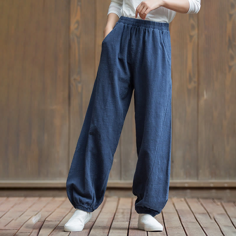 Pantalon décontracté uni en coton ramie avec poches pour femme, couleur unie, taille élastique, motif Buddha Stones - image 41