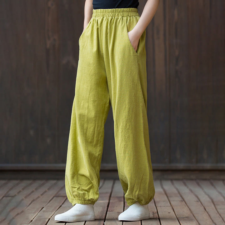 Pantalon décontracté uni en coton ramie avec poches pour femme, couleur unie, taille élastique, motif Buddha Stones - image 29