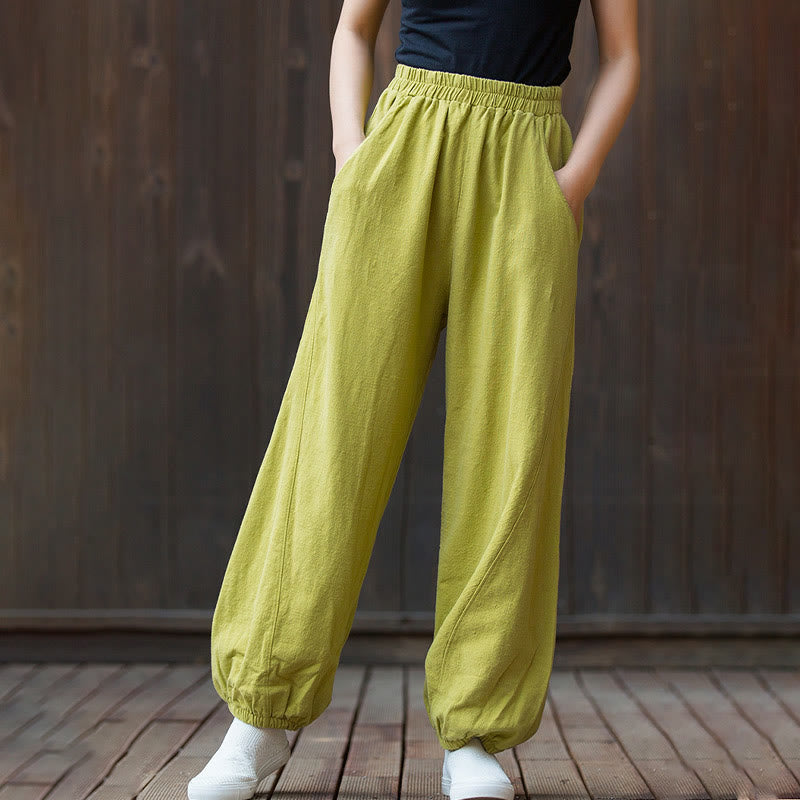 Pantalon décontracté uni en coton ramie avec poches pour femme, couleur unie, taille élastique, motif Buddha Stones - image 26