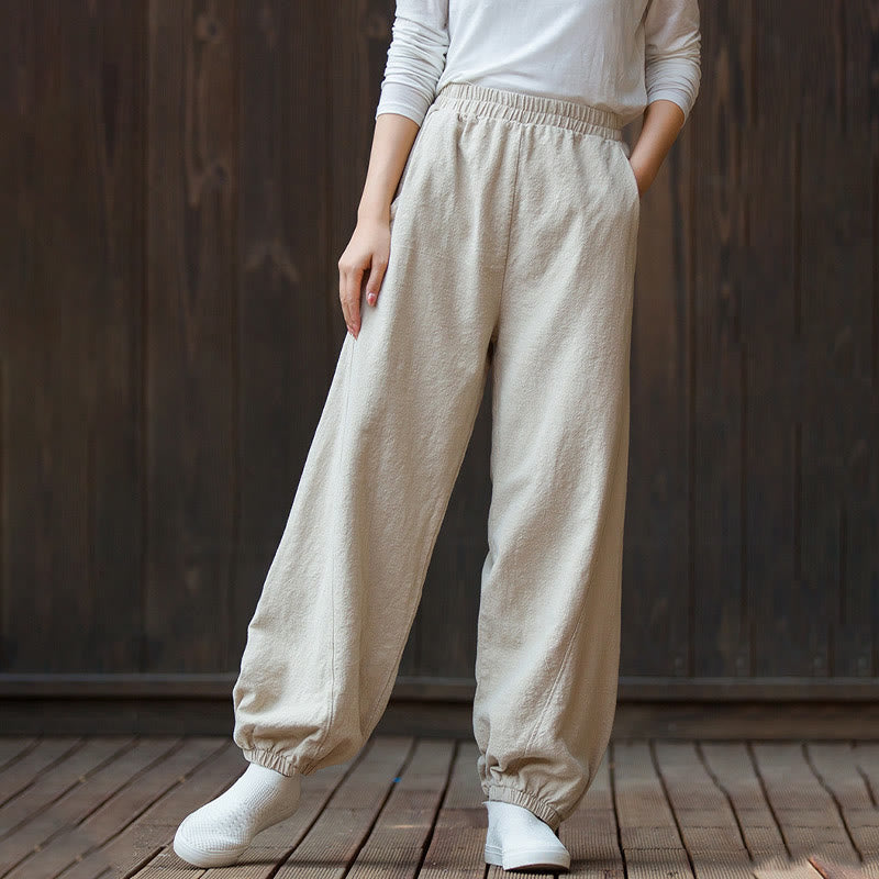 Pantalon décontracté uni en coton ramie avec poches pour femme, couleur unie, taille élastique, motif Buddha Stones - image 24