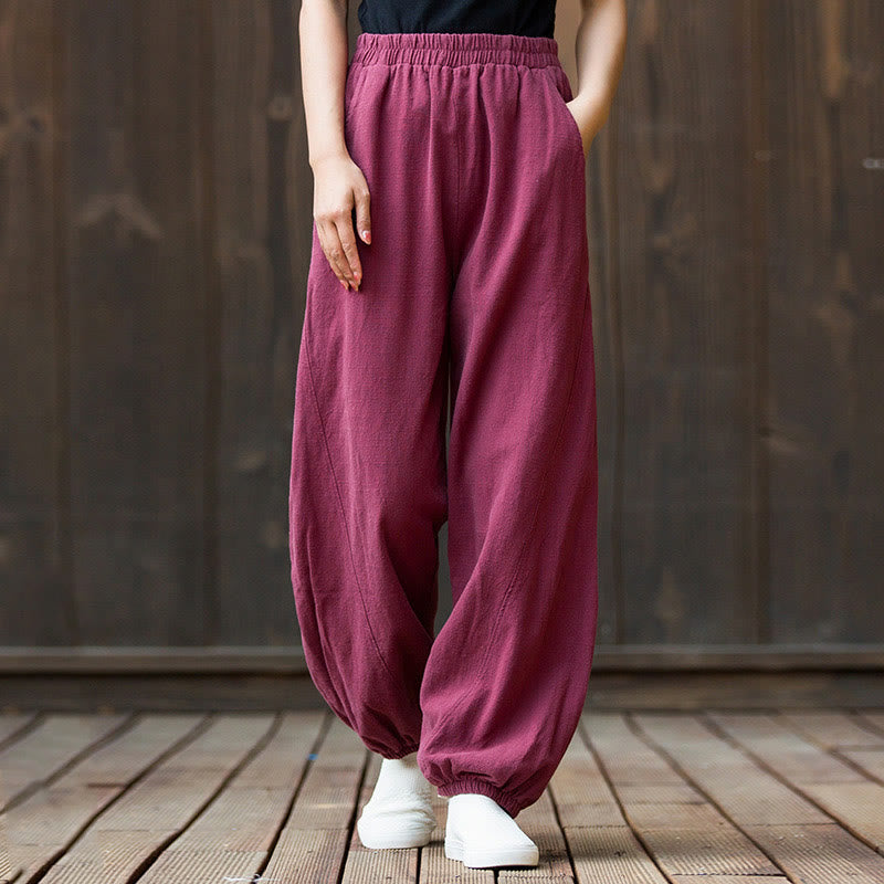 Pantalon décontracté uni en coton ramie avec poches pour femme, couleur unie, taille élastique, motif Buddha Stones - Rose foncé - US4，UK/AU8，EU36 (L) - image 0