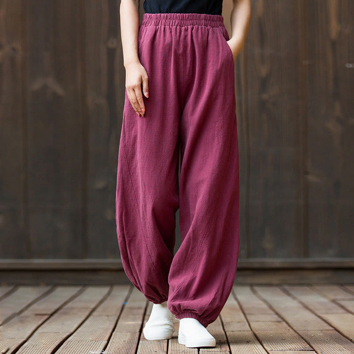 Pantalon décontracté uni en coton ramie avec poches pour femme, couleur unie, taille élastique, motif Buddha Stones - Rose foncé - US4，UK/AU8，EU36 (L) - image 0