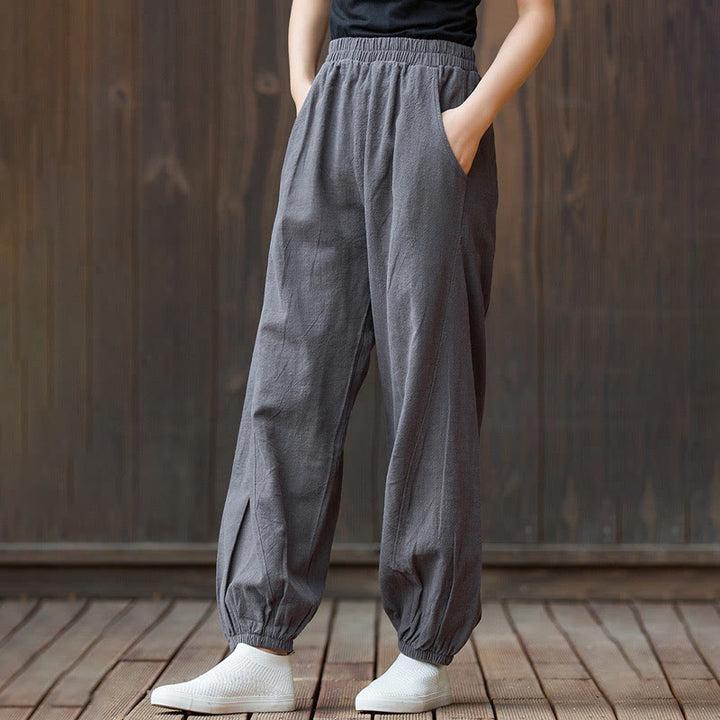 Pantalon décontracté uni en coton ramie avec poches pour femme, couleur unie, taille élastique, motif Buddha Stones - image 31
