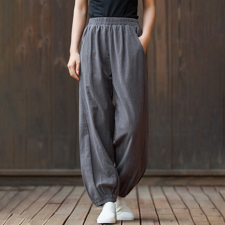 Pantalon décontracté uni en coton ramie avec poches pour femme, couleur unie, taille élastique, motif Buddha Stones - Gris terne - US4，UK/AU8，EU36 (L) - image 29
