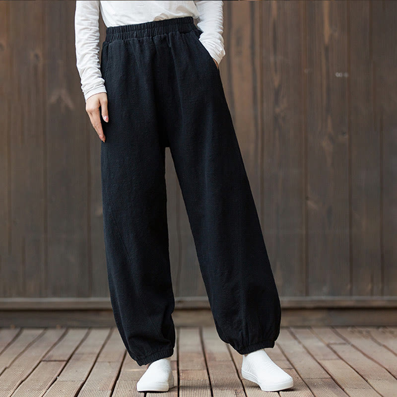Pantalon décontracté uni en coton ramie avec poches pour femme, couleur unie, taille élastique, motif Buddha Stones - image 18