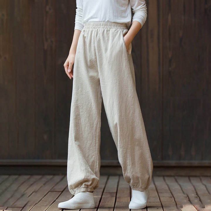 Pantalon décontracté uni en coton ramie avec poches pour femme, couleur unie, taille élastique, motif Buddha Stones - image 19