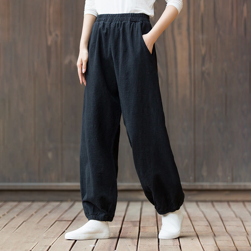 Pantalon décontracté uni en coton ramie avec poches pour femme, couleur unie, taille élastique, motif Buddha Stones - image 16