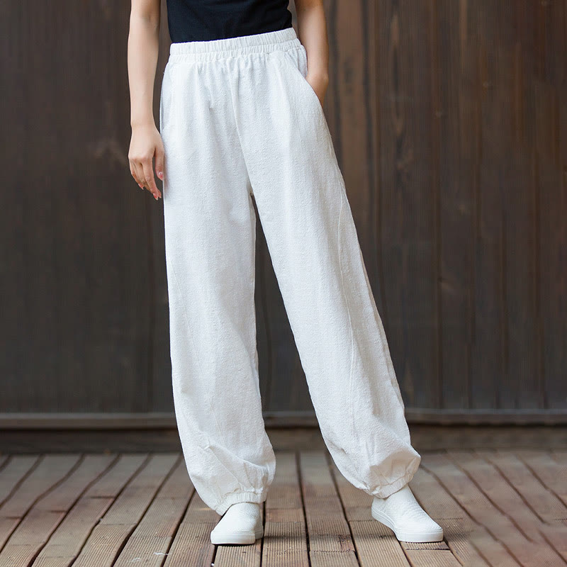 Pantalon décontracté uni en coton ramie avec poches pour femme, couleur unie, taille élastique, motif Buddha Stones - image 12
