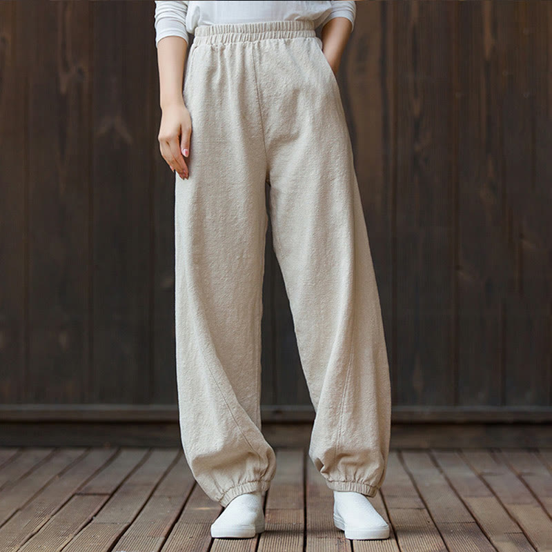 Pantalon décontracté uni en coton ramie avec poches pour femme, couleur unie, taille élastique, motif Buddha Stones - image 23