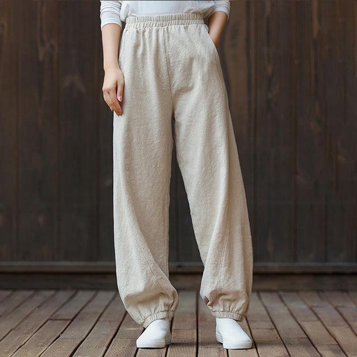Pantalon décontracté uni en coton ramie avec poches pour femme, couleur unie, taille élastique, motif Buddha Stones - image 23
