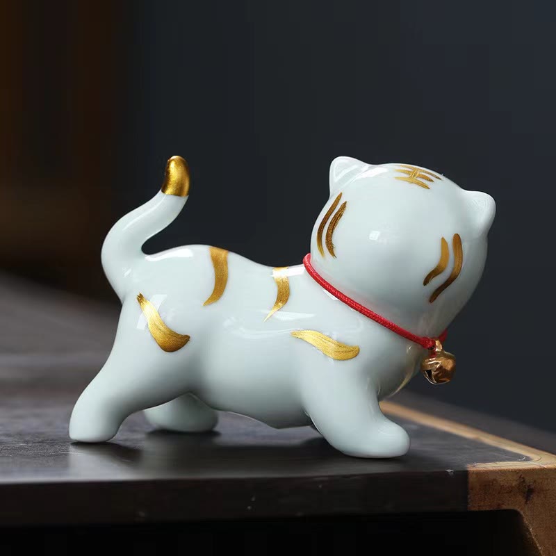 Buddha Stones Mini Mignon Tigre Thé Animal En Céramique Maison Bureau Figurine Décoration - Tigre vert clair, environ 6,8 x 5,1 x 3 cm - image 3