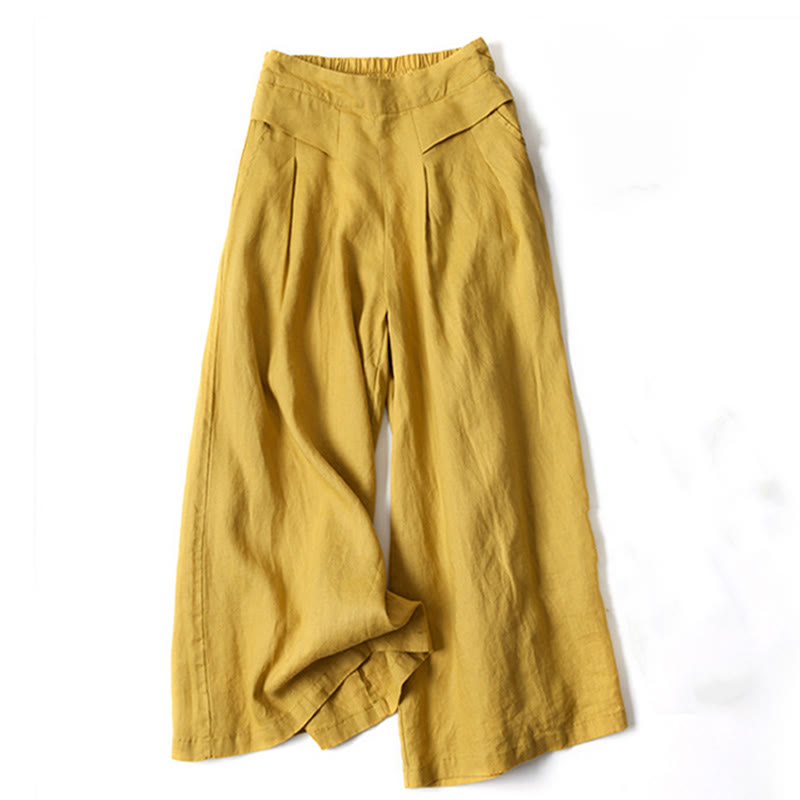 Pantalon large taille haute en coton et lin de couleur unie Buddha Stones avec poches - Jaune - US16，UK/AU20，EU48 (3XL) - image 1