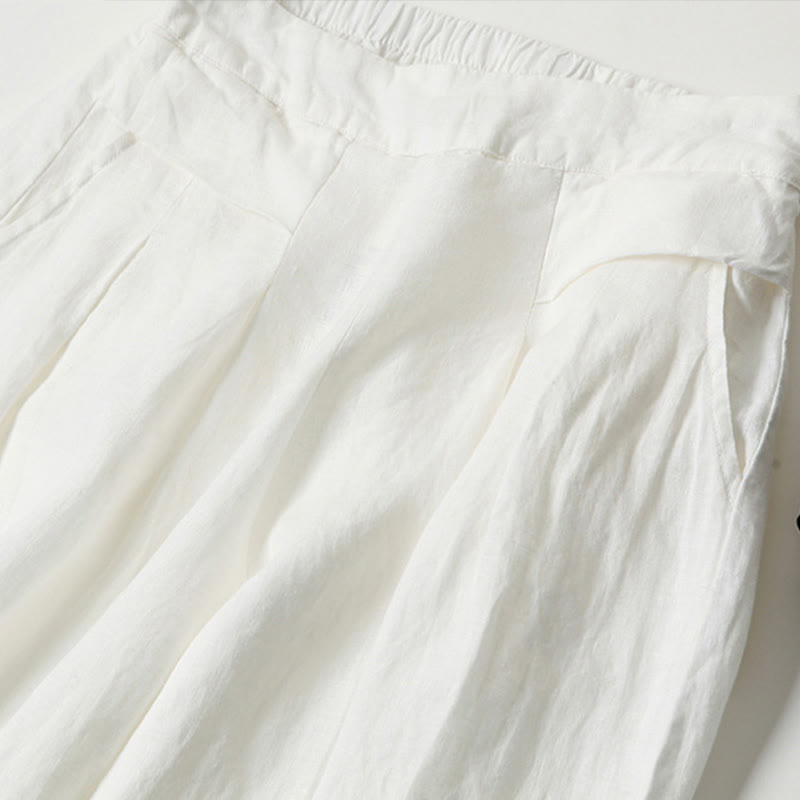 Pantalon large taille haute en coton et lin de couleur unie Buddha Stones avec poches - image 25