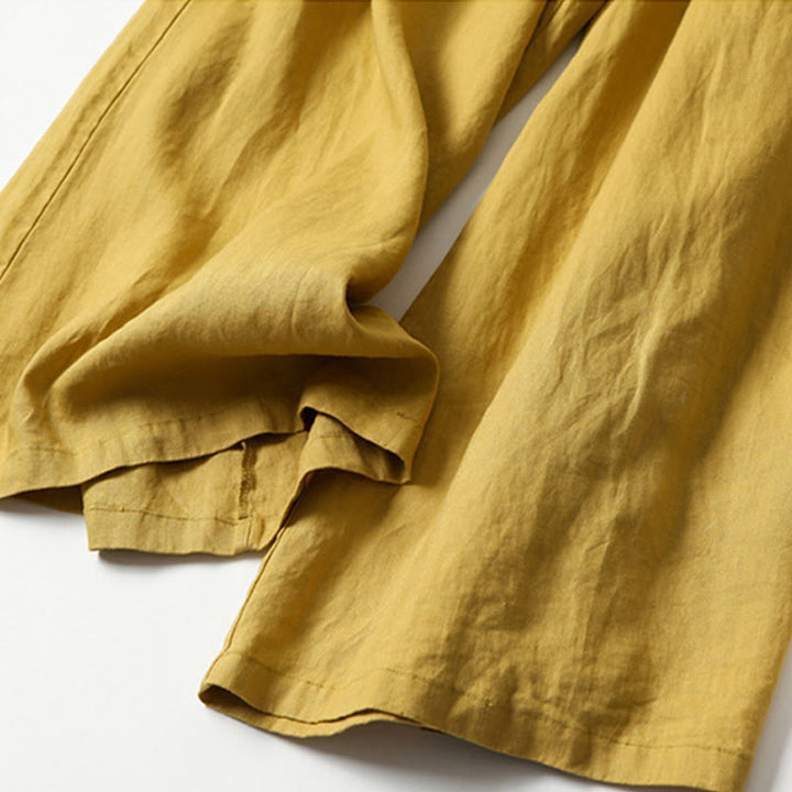 Pantalon large taille haute en coton et lin de couleur unie Buddha Stones avec poches - image 3