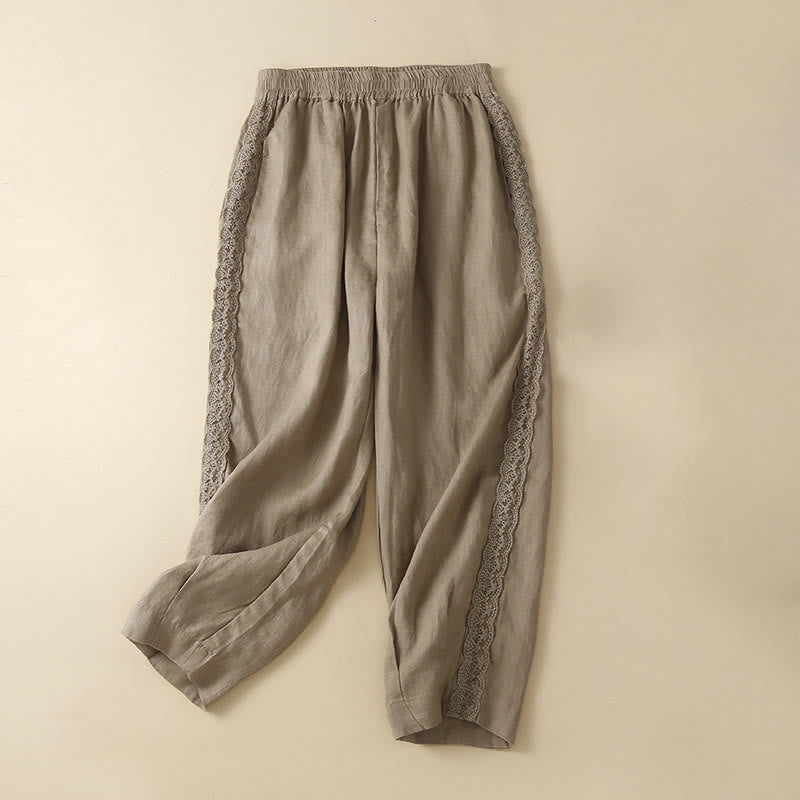 Pantalon en lin uni avec broderie florale sur le côté et poches pour femme avec Buddha Stones - DarkKhaki - US12，UK/AU16，EU44 (3XL) - image 0