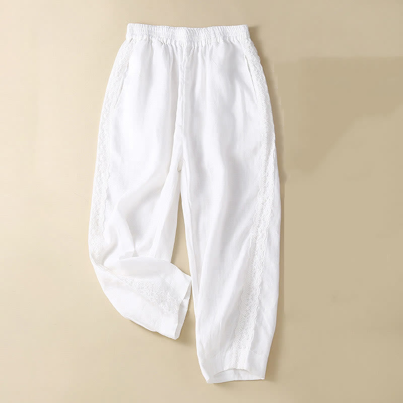 Pantalon en lin uni avec broderie florale sur le côté et poches pour femme avec Buddha Stones